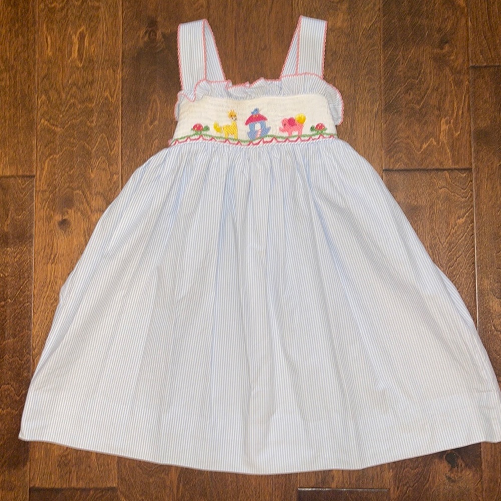 NWOT Cecil & Lou Blue Mini Stripe Smocked Noah's Ark Dress - 5 - price is firm